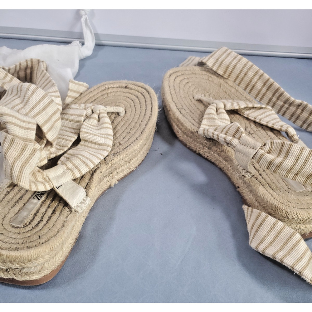 ZARA Striped Espadrille Sandals Women Size 7.5 Lace Up Ankle Tie Flat Jute Boho - Picture 3 of 14